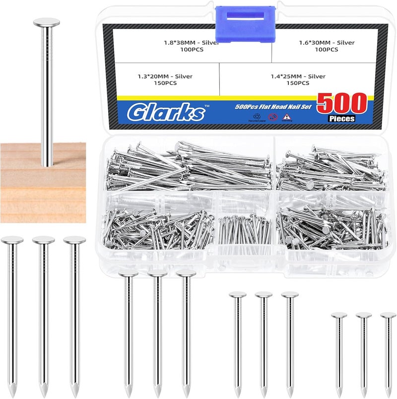 Glarks 500pcs 3/4’’ 1’’ 1-3/16’’ 1-1/2’’ Length Nail Assortment Kit, Silver Hanging Nails, Finishing Nails, Wall Nails, Wood Nails, Common Nails, Hardware Nails for Picture Wall Hanging - Image 1
